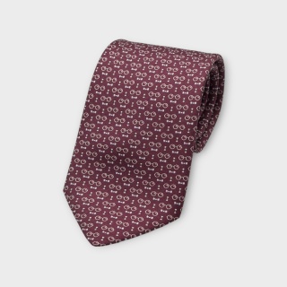 Cravatta Made in Como in pura seta stampata bordeaux con occhiali e papillon bianchi 8cm x 150cm