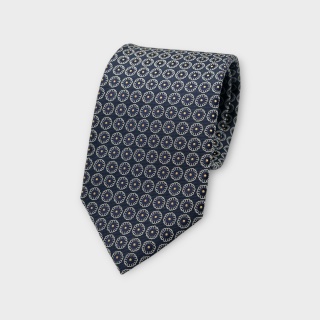Cravatta Made in Como in pura seta stampata blu con motivi gialli e bianchi 8cm x 150cm