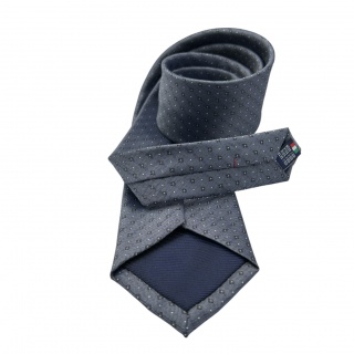 Cravatta Made in Como in pura seta grigio scuro con motivi bianchi e blu 8cm x 148cm