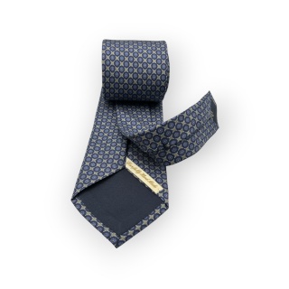 Cravatta Made in Como in pura seta stampata con motivi blu, grigi e gialli 8cm x 150cm