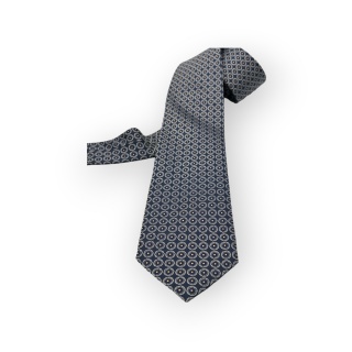 Cravatta Made in Como in pura seta stampata blu con motivi gialli e bianchi 8cm x 150cm