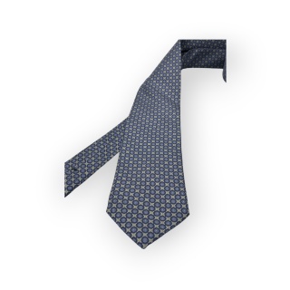 Cravatta Made in Como in pura seta stampata con motivi blu, grigi e gialli 8cm x 150cm