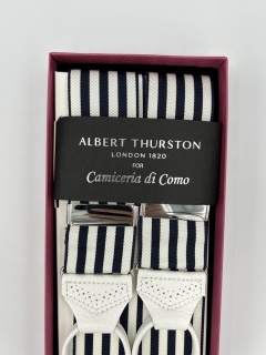 White & Navy Striped Braces with Brogue Leather Ends (#989)