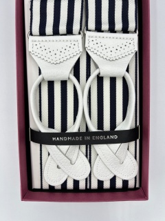 White & Navy Striped Braces with Brogue Leather Ends (#989)