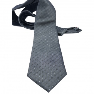Cravatta Made in Como in pura seta grigio scuro con motivi bianchi e blu 8cm x 148cm