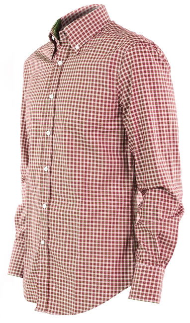 Esempio di camicia da uomo realizzata su misura con motivo a quadri rossi e bianchi